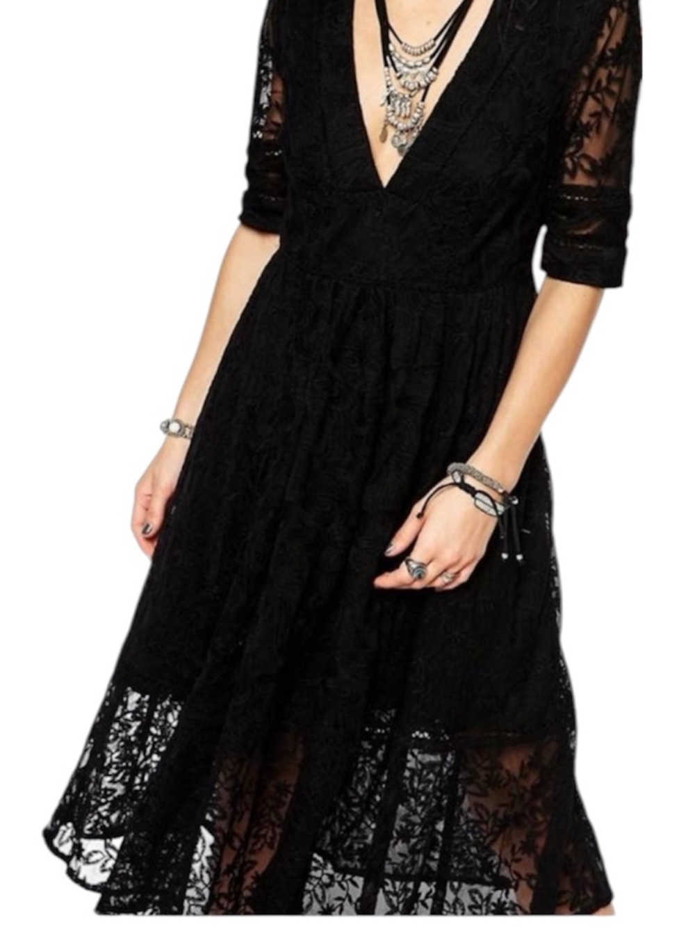 Free People Black Lace V-Neck Midi Dress with Three-Quarter Sleeves